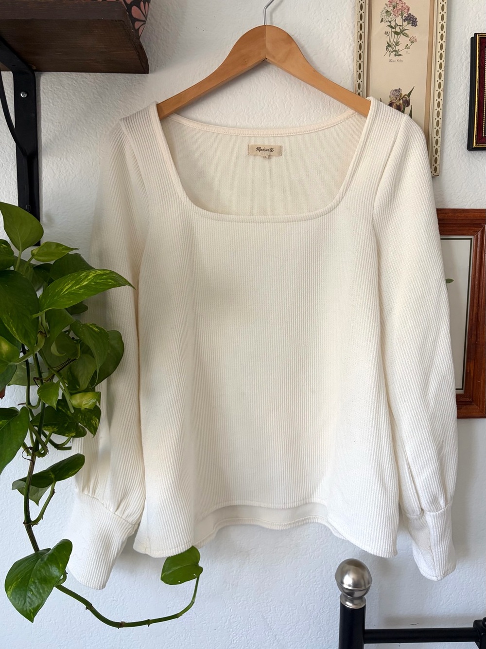 Cozy Madewell Cream Square Neck Ribbed Ottoman Sweater w Puff Sleeves - XL